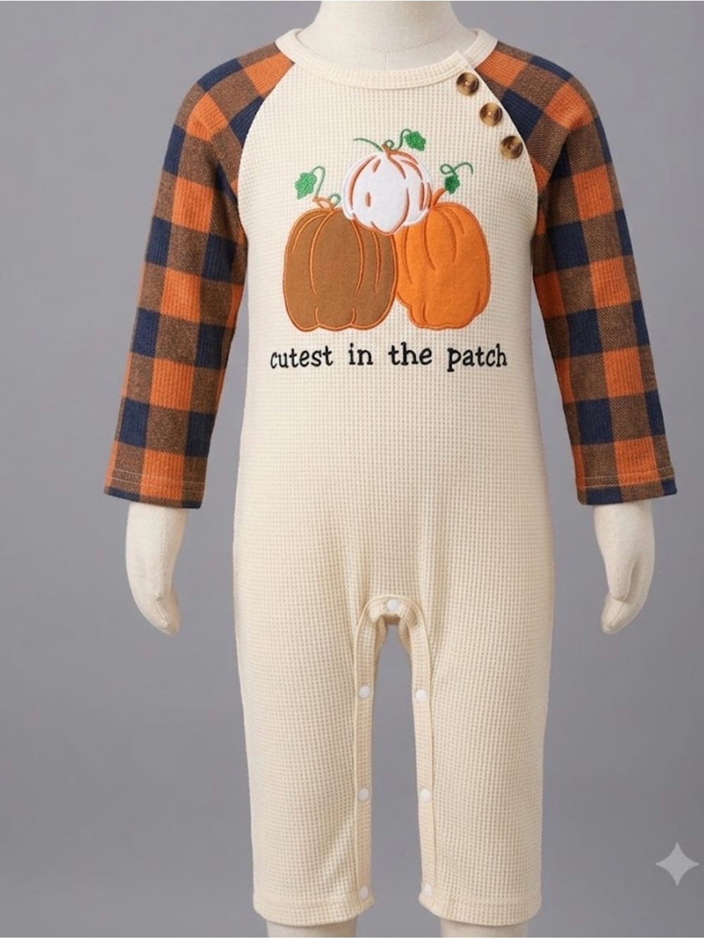 Cream Pumpkin Graphic One-Piece with Orange Plaid Raglan Sleeves